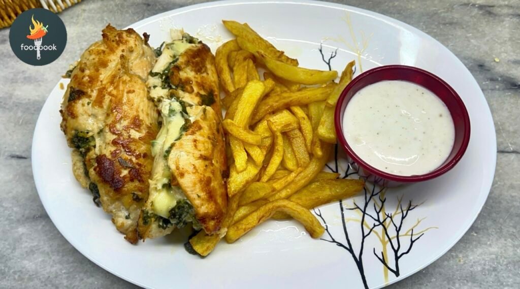 Juicy Cheesy Spinach Stuffed Chicken sliced open with cheesy filling inside