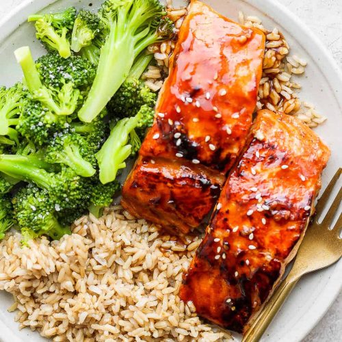 Teriyaki Salmon with Brown Rice and Steamed Broccoli